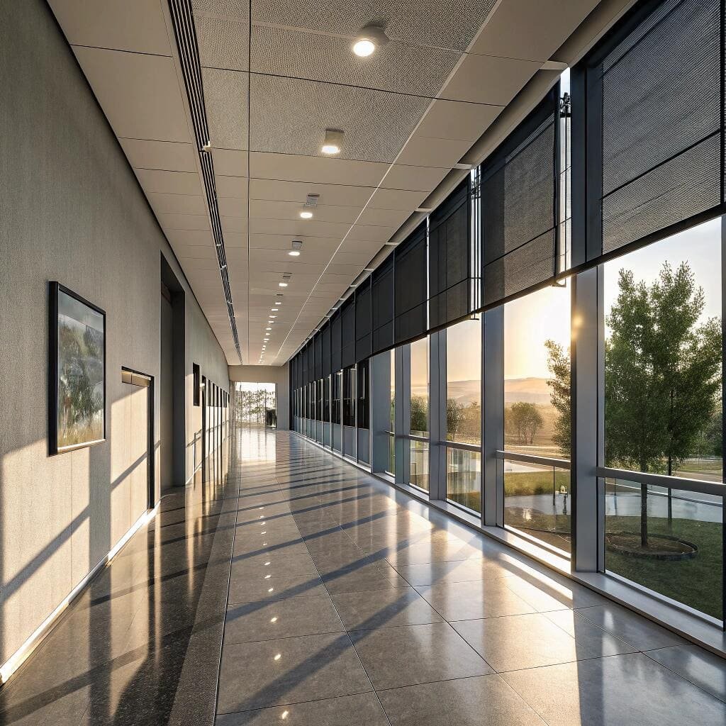 Long hallway with black-out roller blinds sunrise