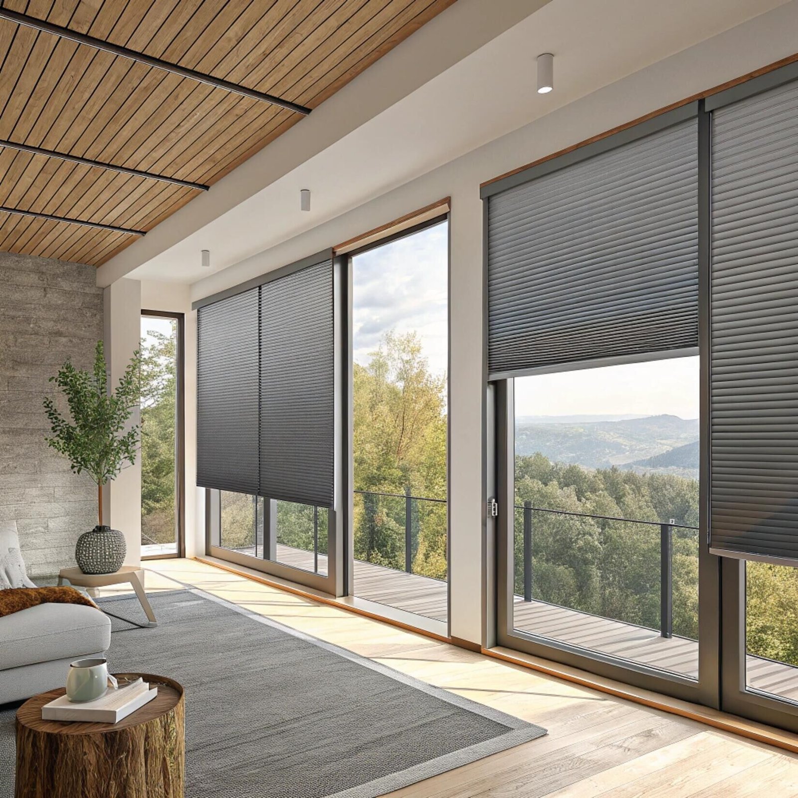 Modern living room with grey honeycomb blinds