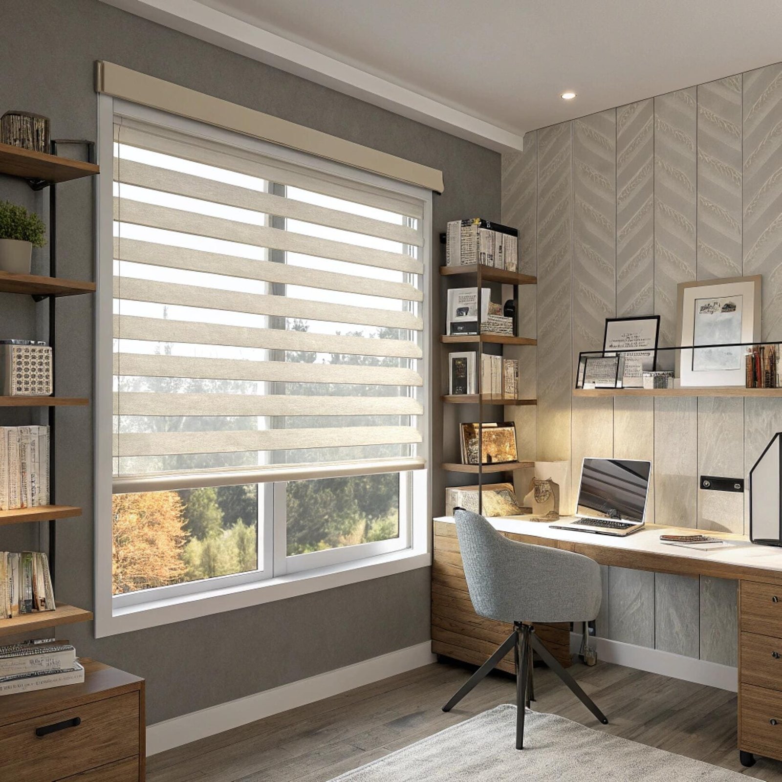 Home office with light-filtering zebra roller shades