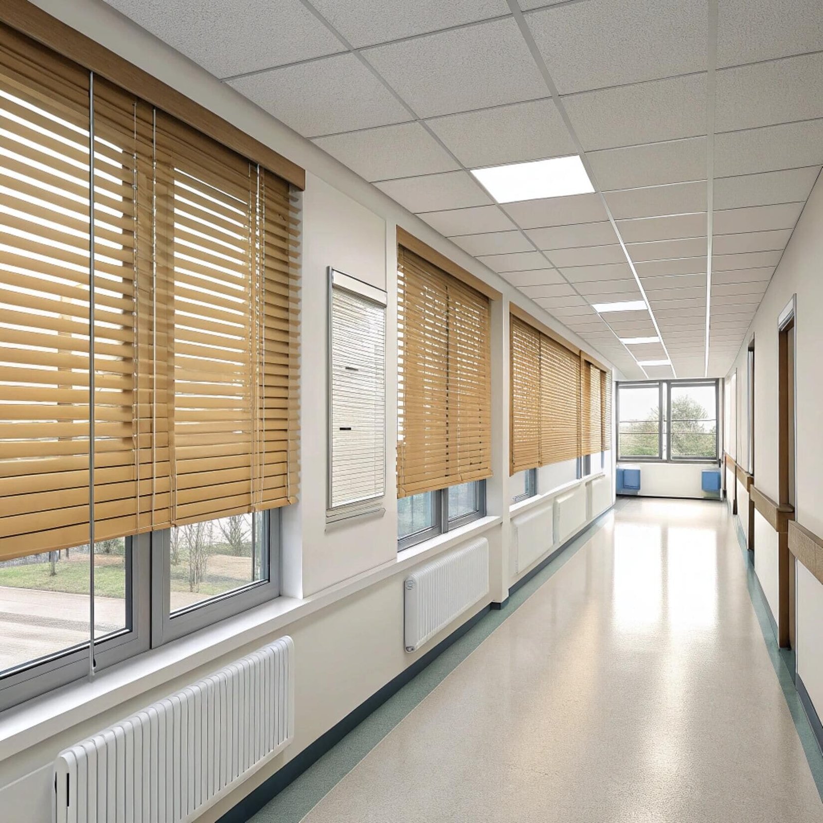 Nursing home corridor with wood-tone aluminum blinds