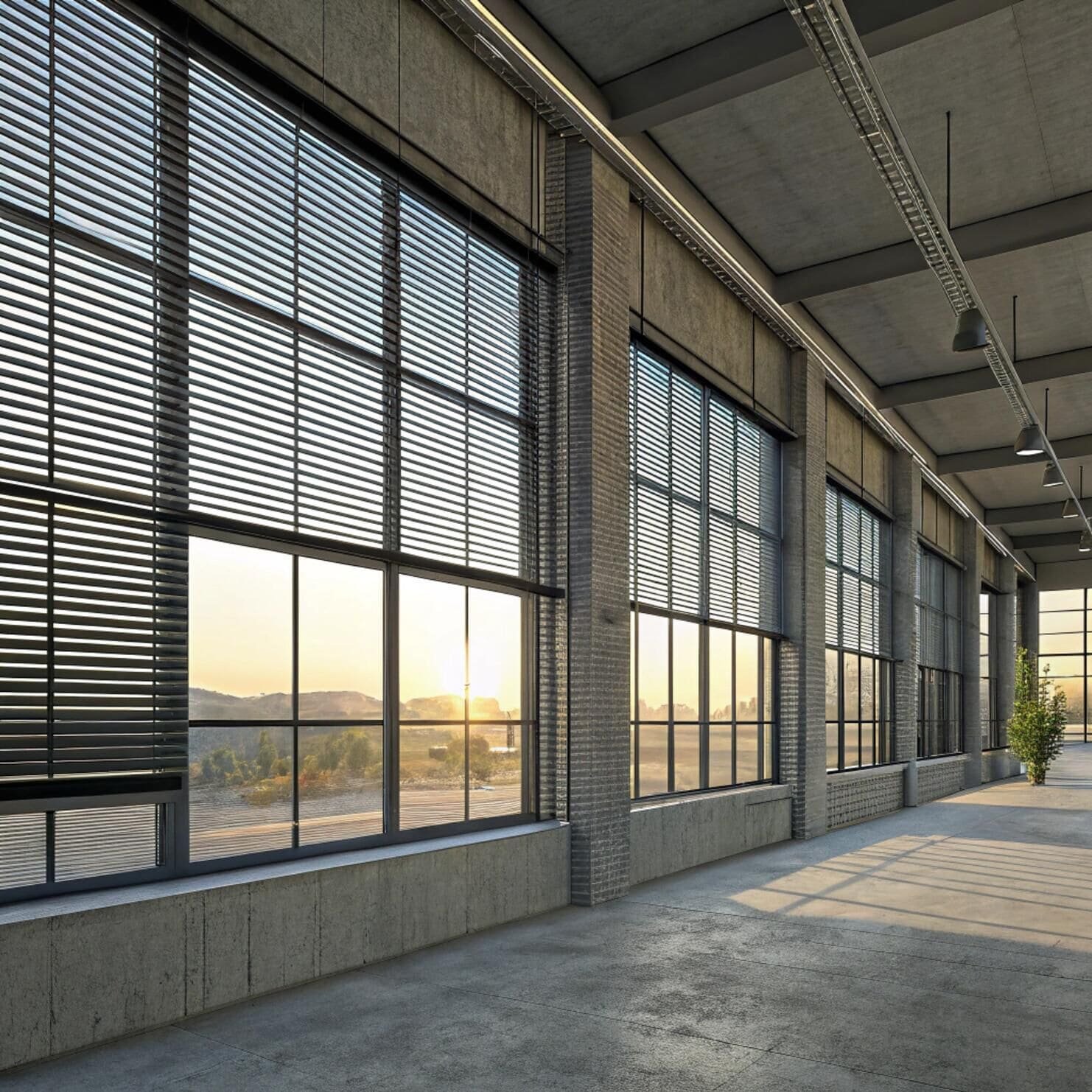 Industrial factory space with aluminum blinds