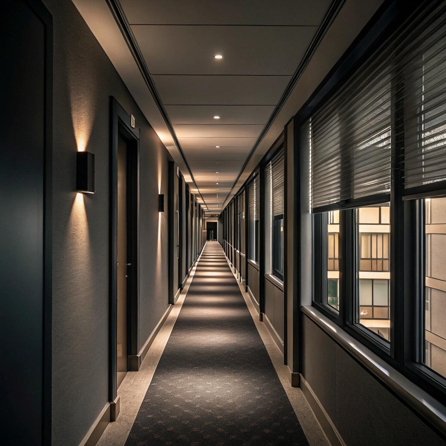 Hotel hallway with blackout window blinds