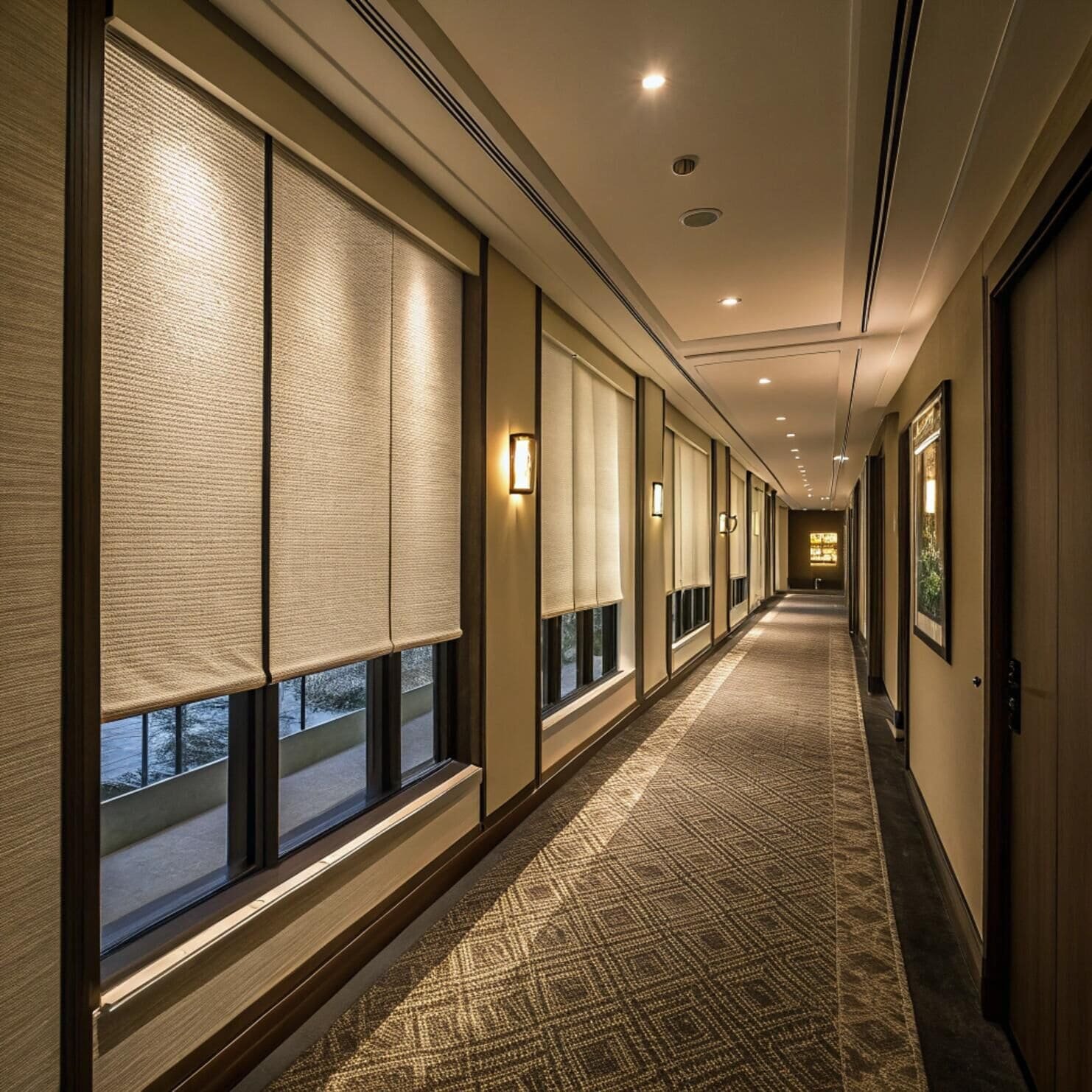 Hotel corridor with beige blackout roller shades
