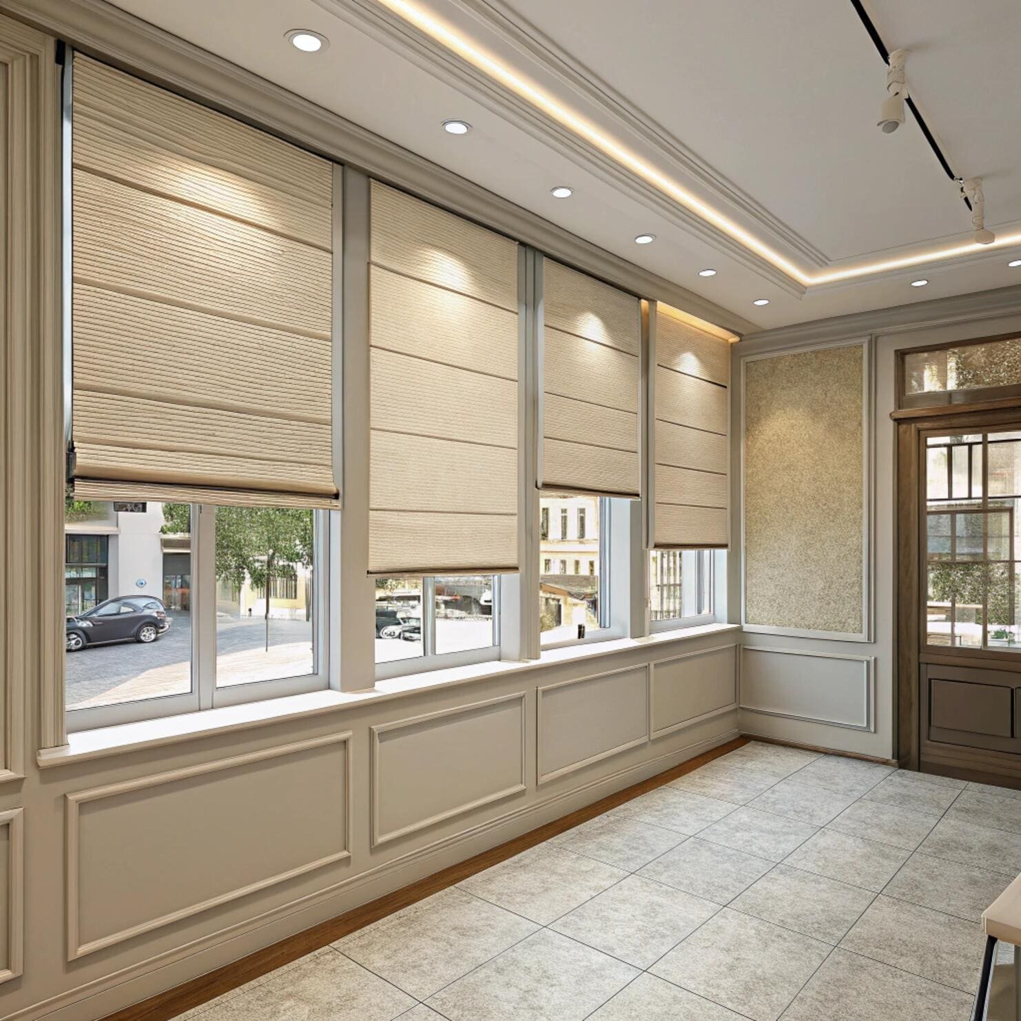 Elegant room with beige pleated blinds
