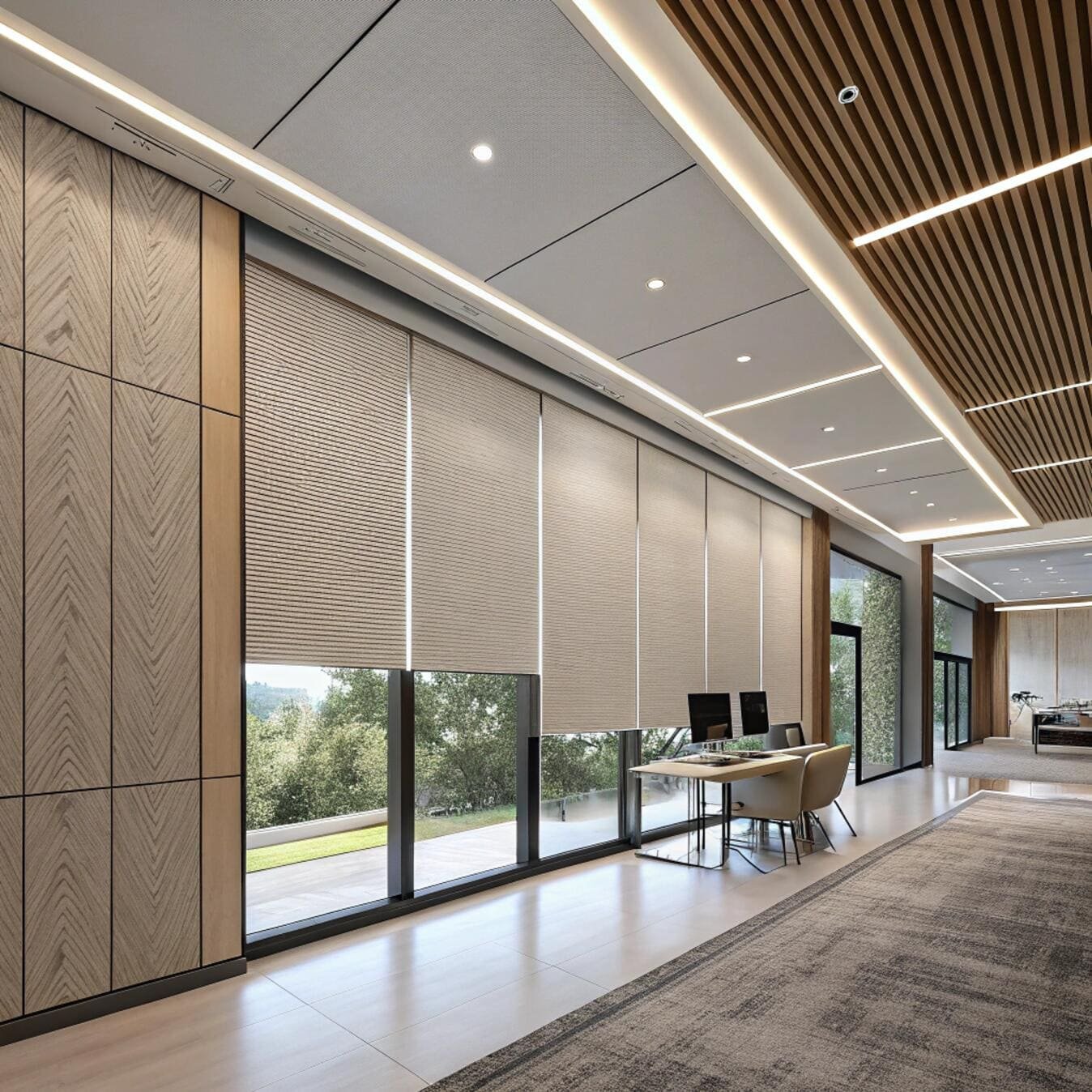 Open workspace with honeycomb blinds on tall windows