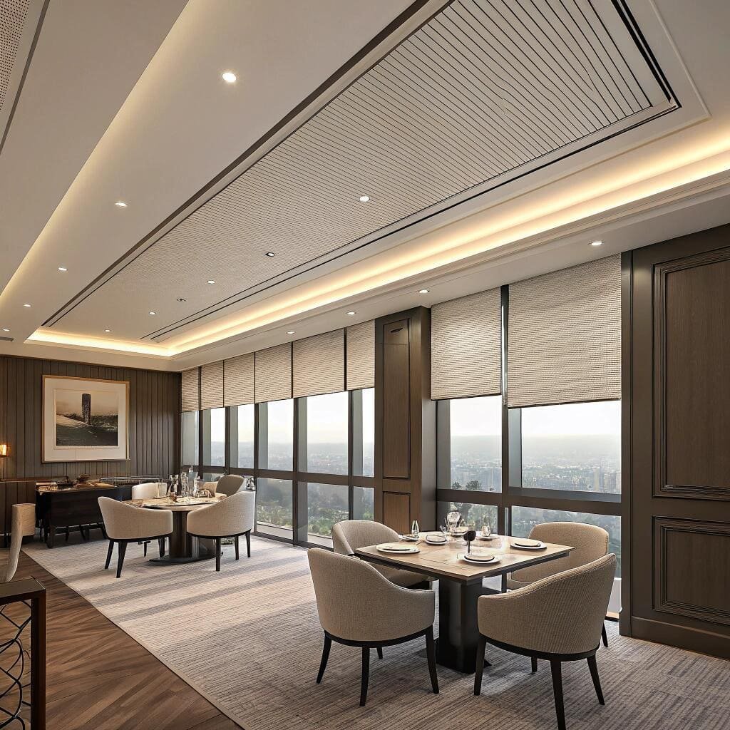 Elegant restaurant with panoramic windows and neutral blinds