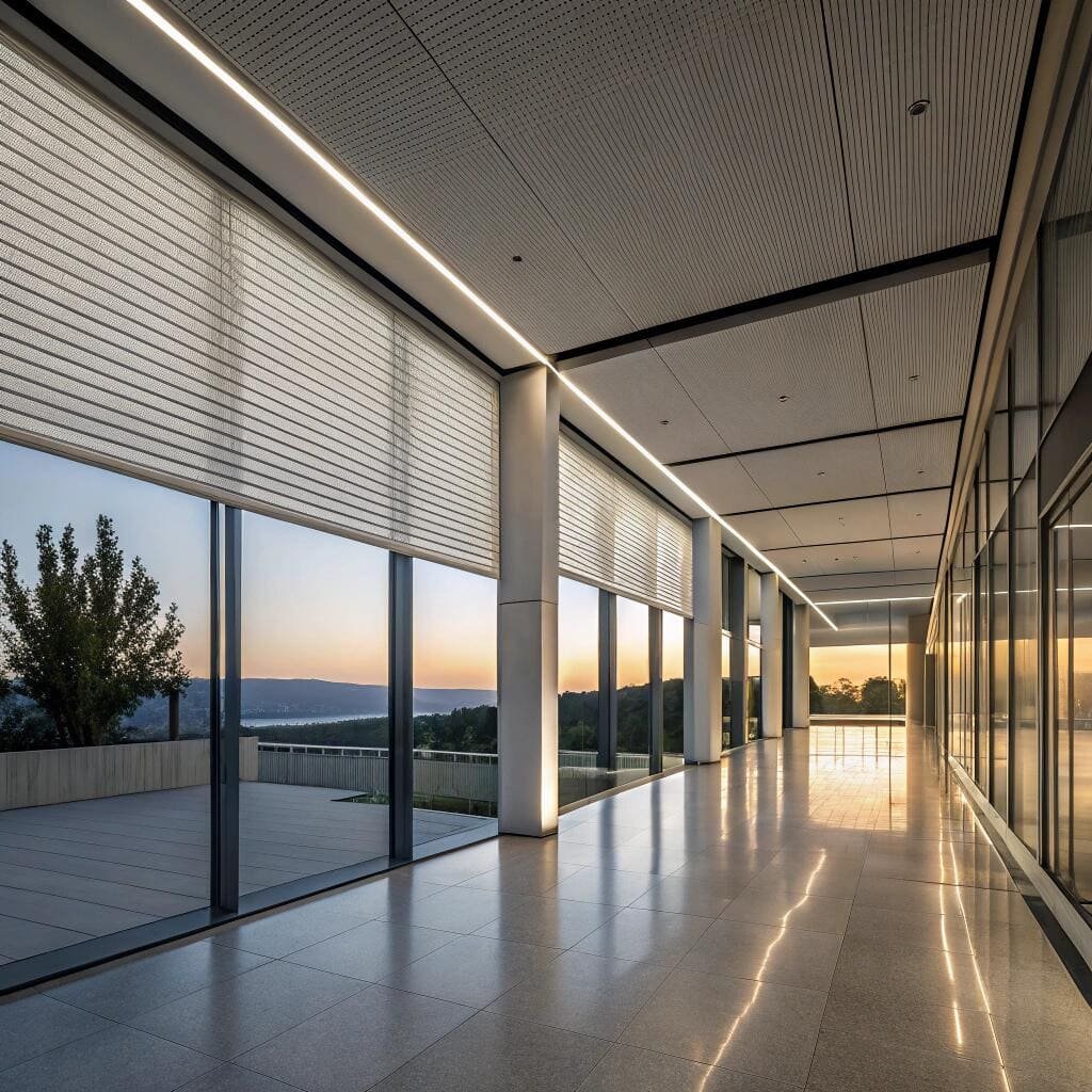 Wide hallway with energy efficient roller blinds at sunset