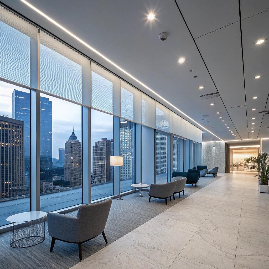 Skyline lounge area with floor-to-ceiling blinds