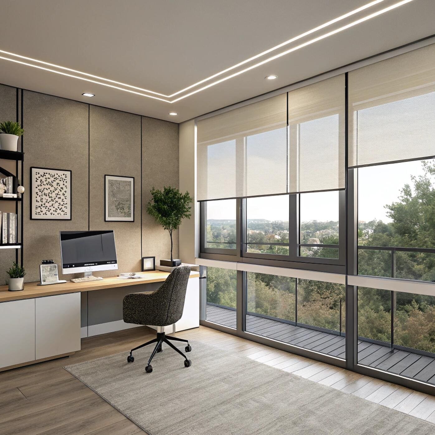 Bright home office with neutral roller blinds and large windows