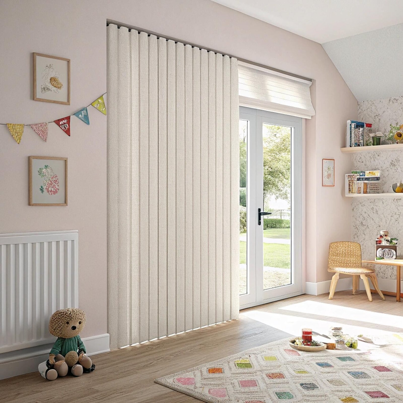 alternative text, Children's room featuring vertical blinds and decor