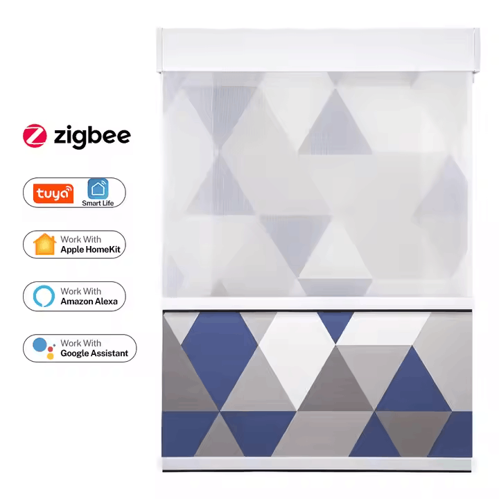 Geometric double roller blind with blue and grey triangles
