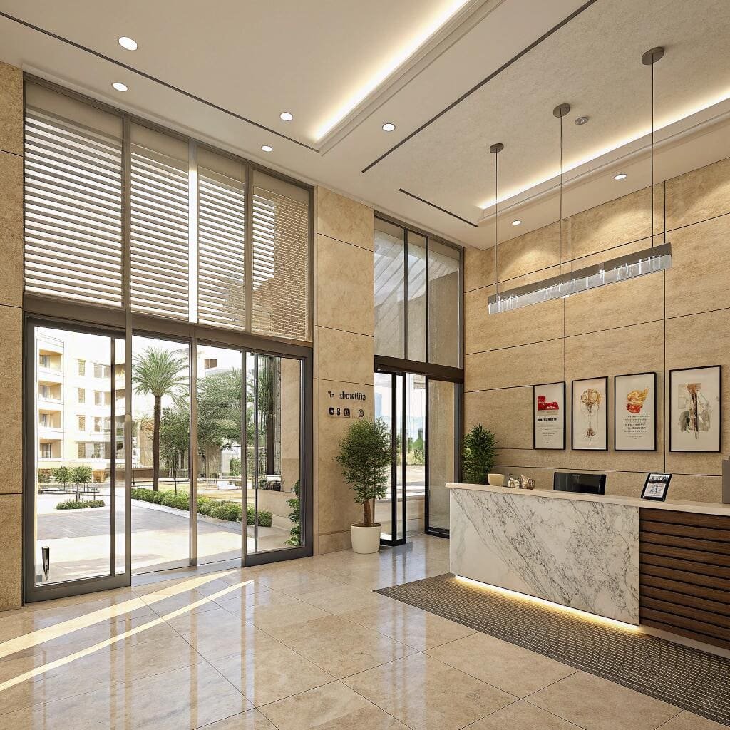 building lobby with tall motorized blinds and modern reception area