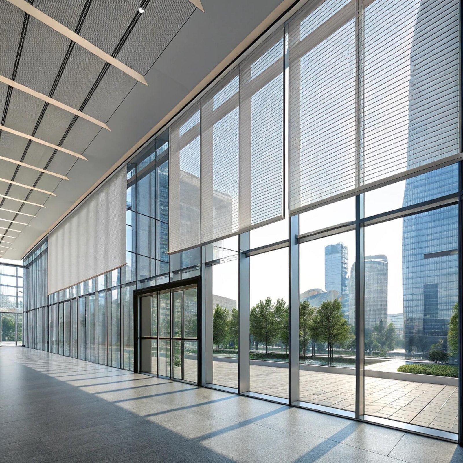 Commercial entrance hall with tall smart blinds and glass walls