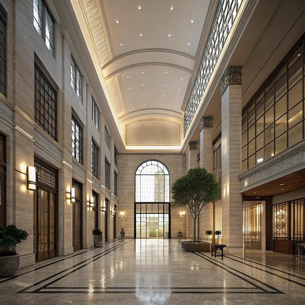 Grand hotel lobby with high ceilings and giant arched windows