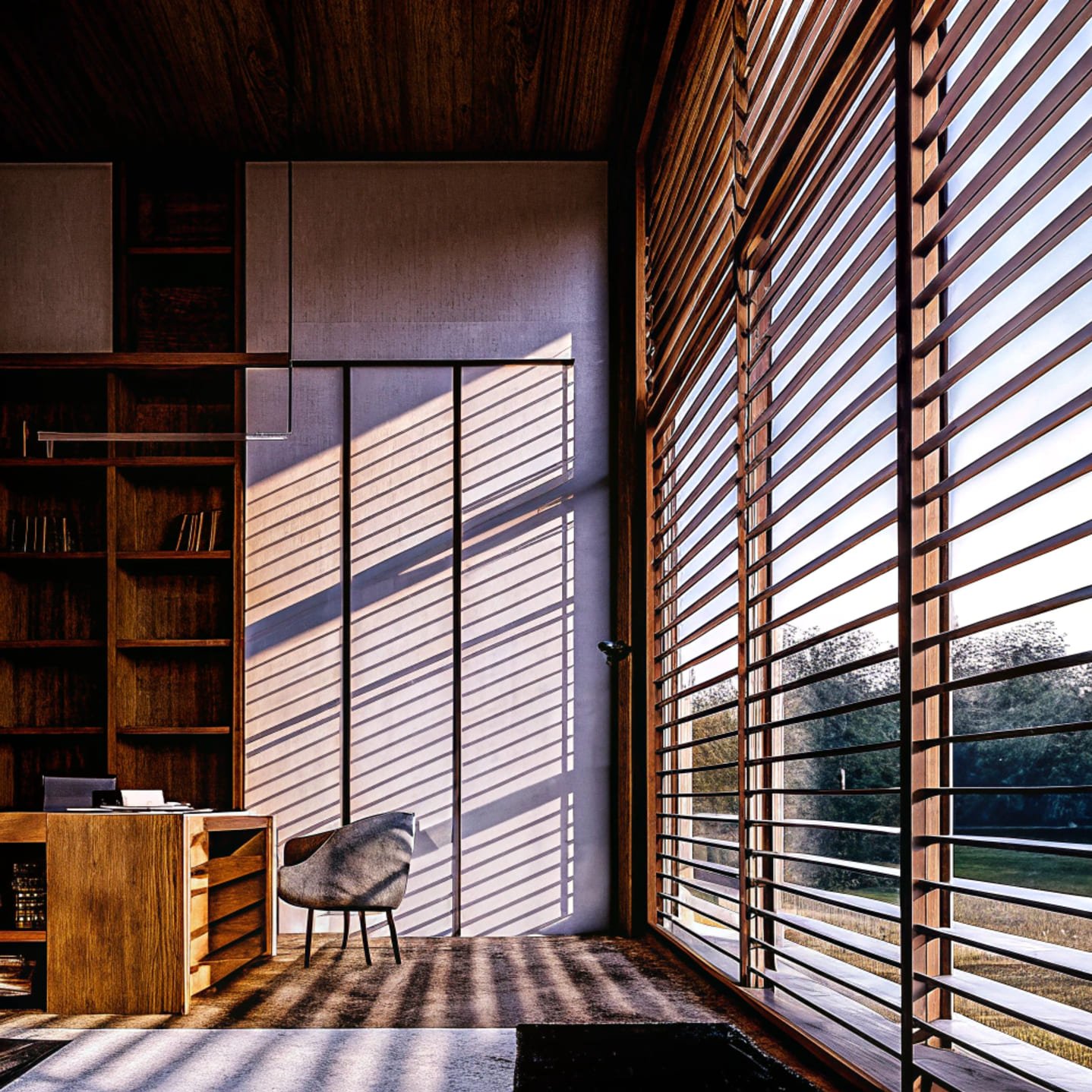 Library setting with wooden blinds filtering afternoon sunlight and shadows