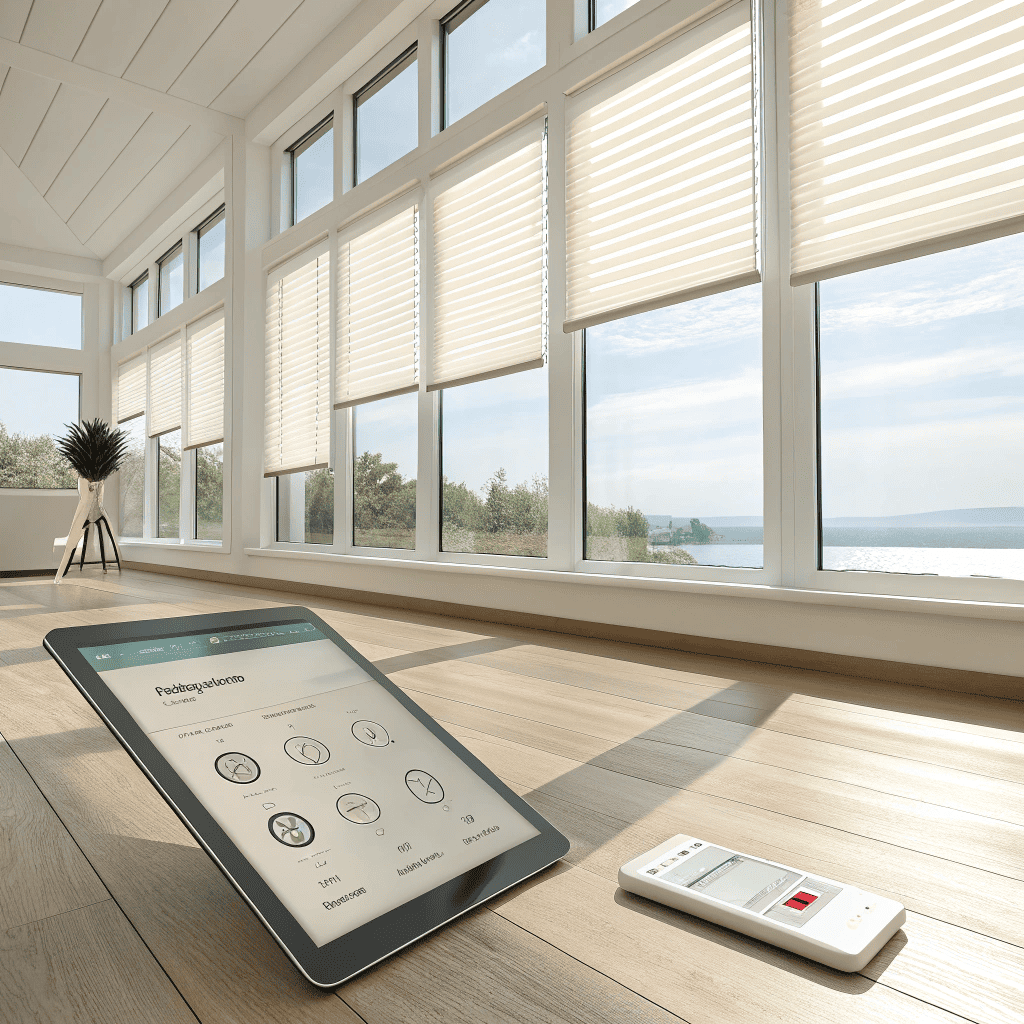 Tablet controlling smart blinds in bright room with scenic view
