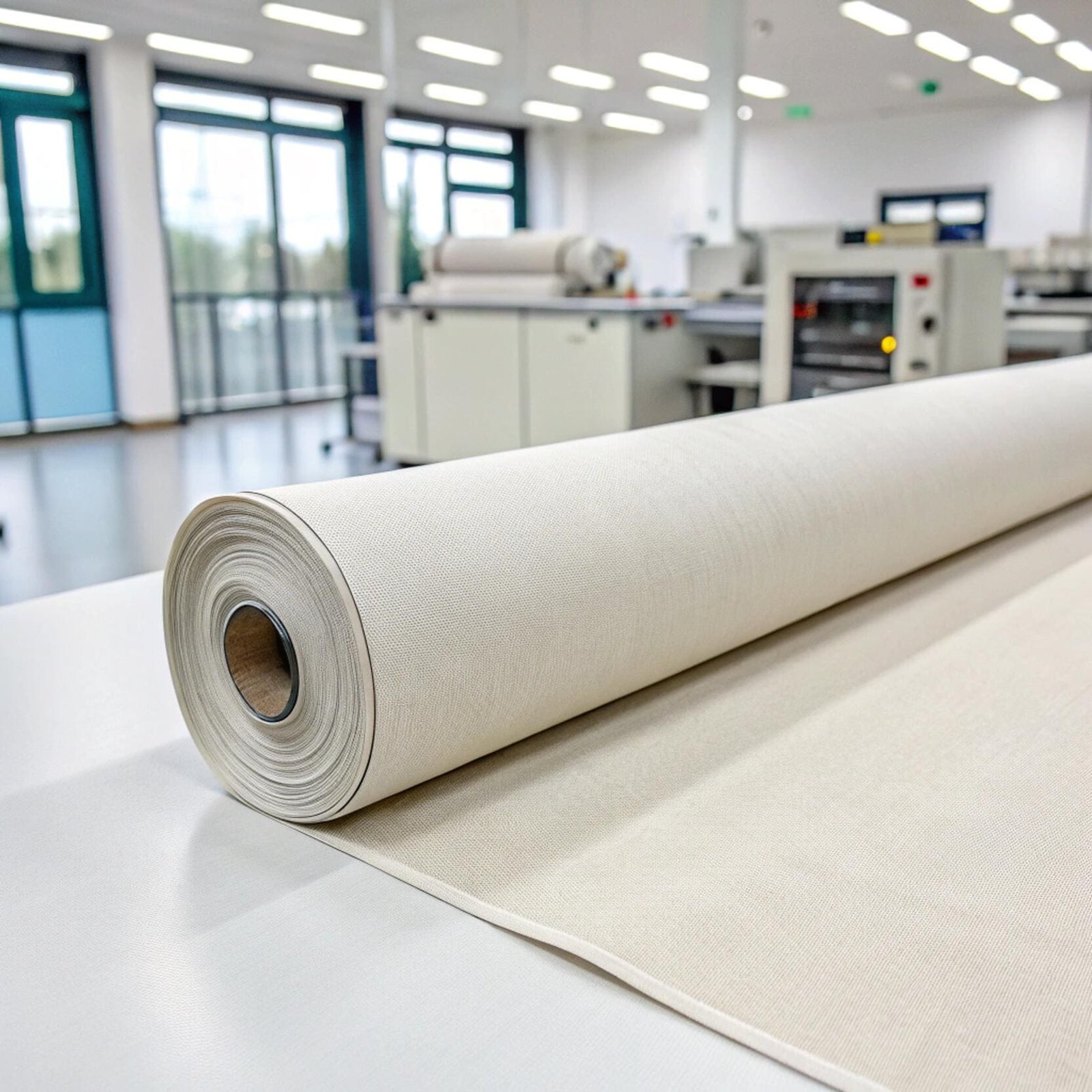 Roll of window shade fabric in workshop