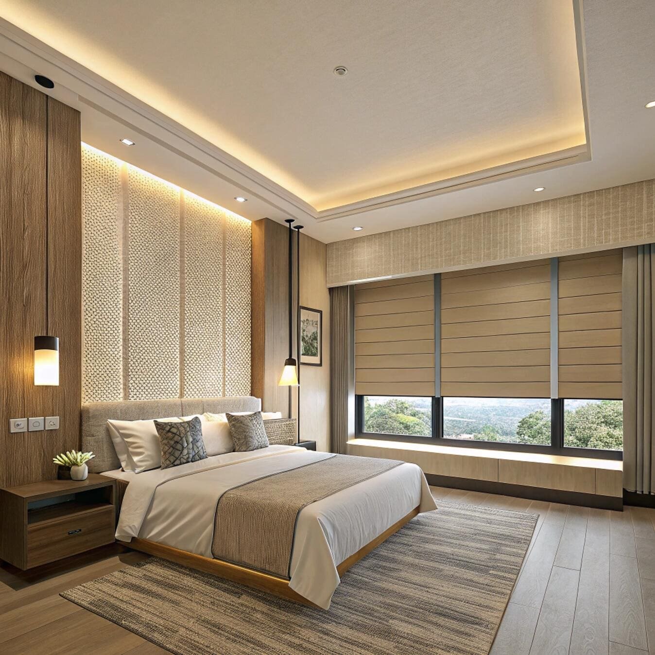 Elegant bedroom with taupe blackout roman blinds
