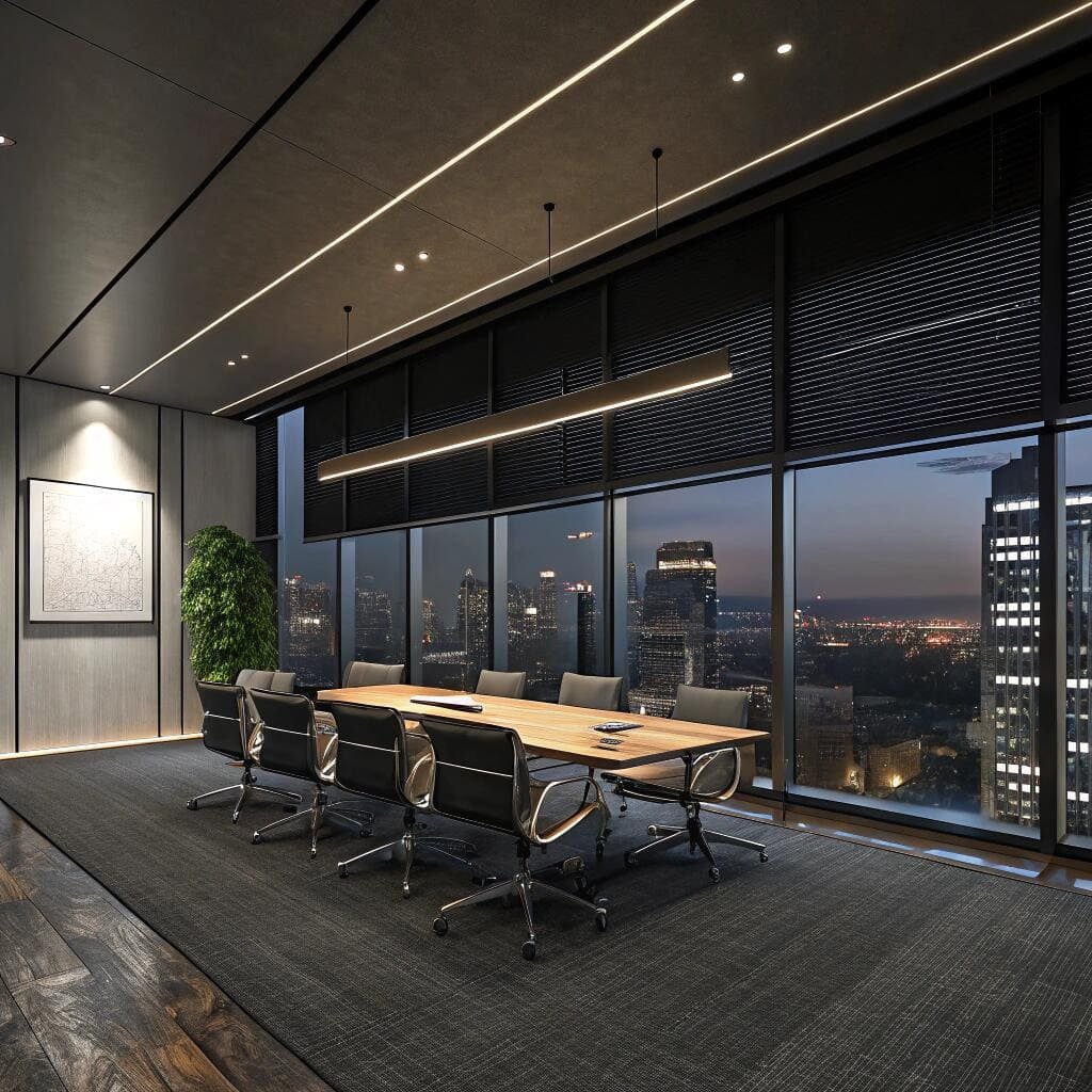 Nighttime office conference room with black blinds