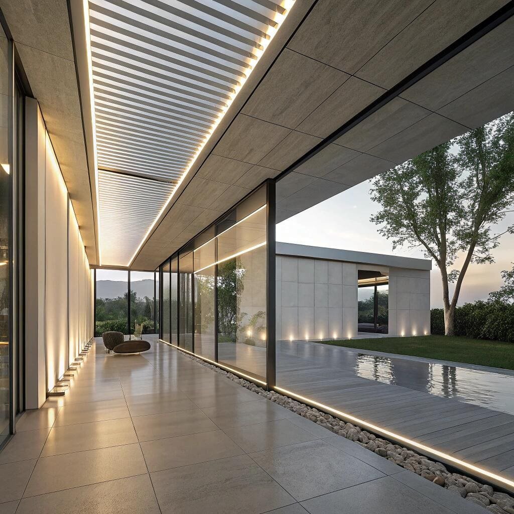 Modern patio with linear lighting and glass panels