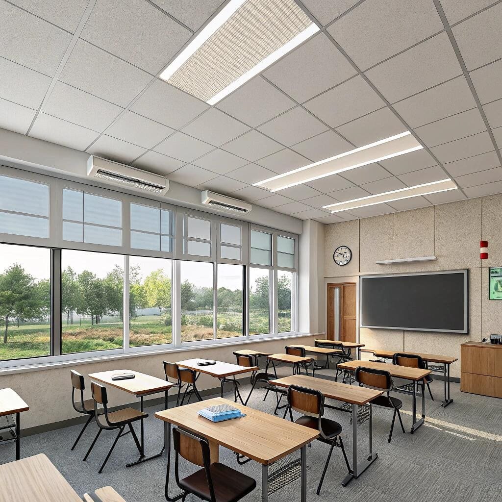 Bright classroom with roller blinds and natural light