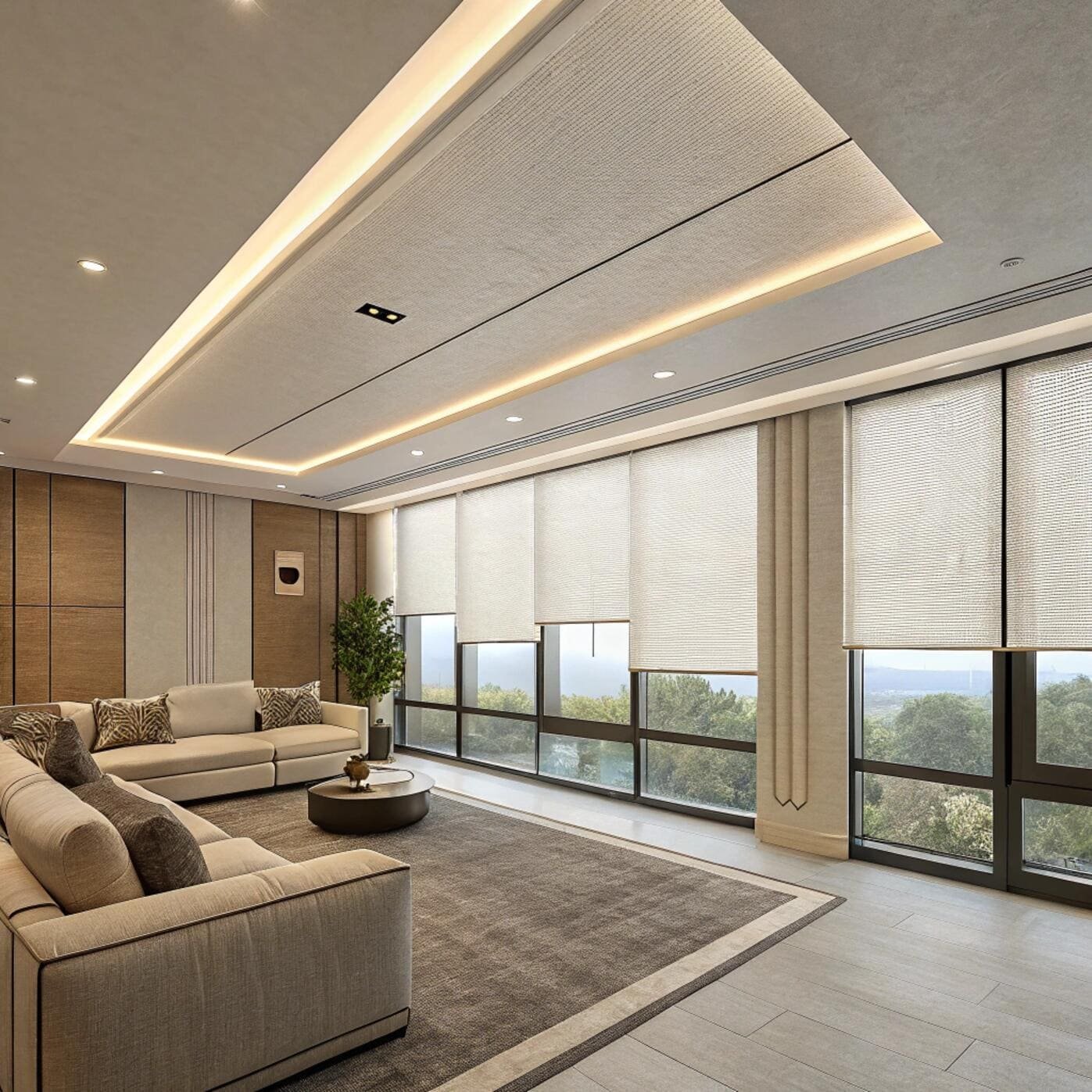 Contemporary living room with sheer blinds and panoramic views