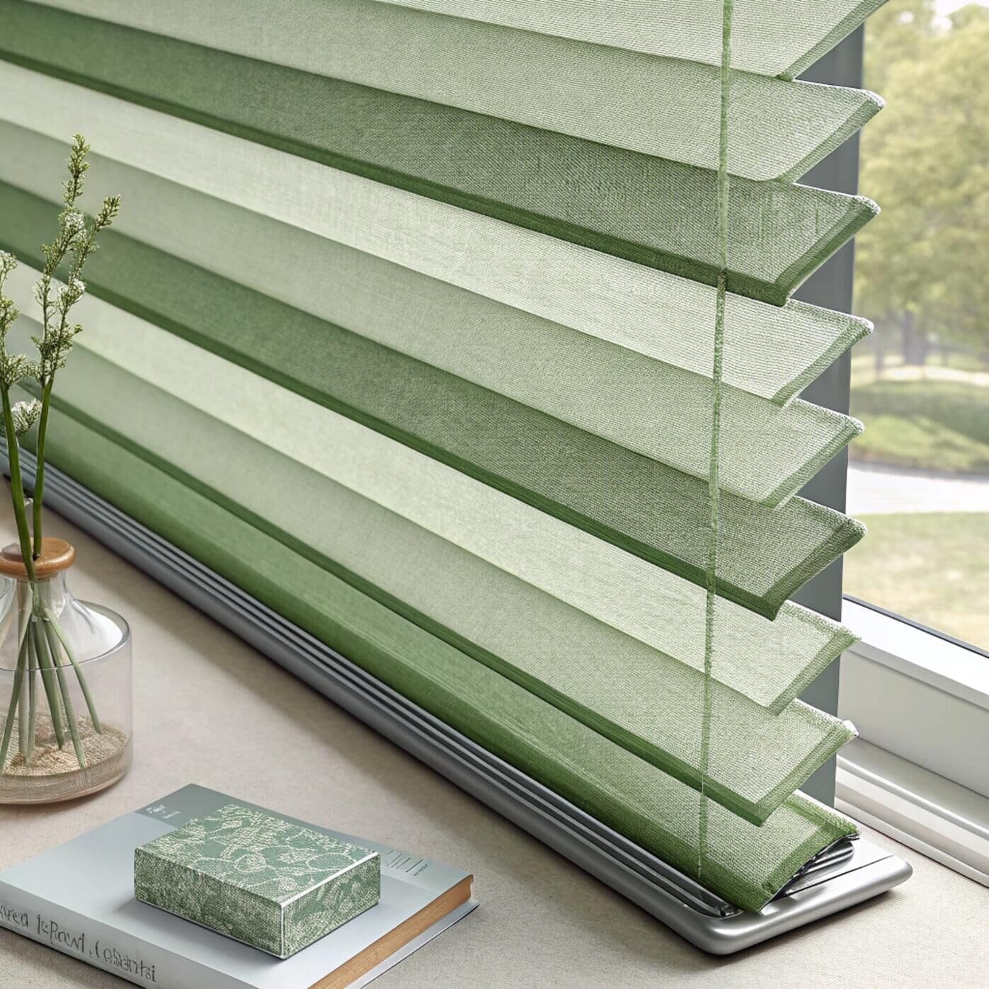 Close-up of green pleated fabric blinds on window