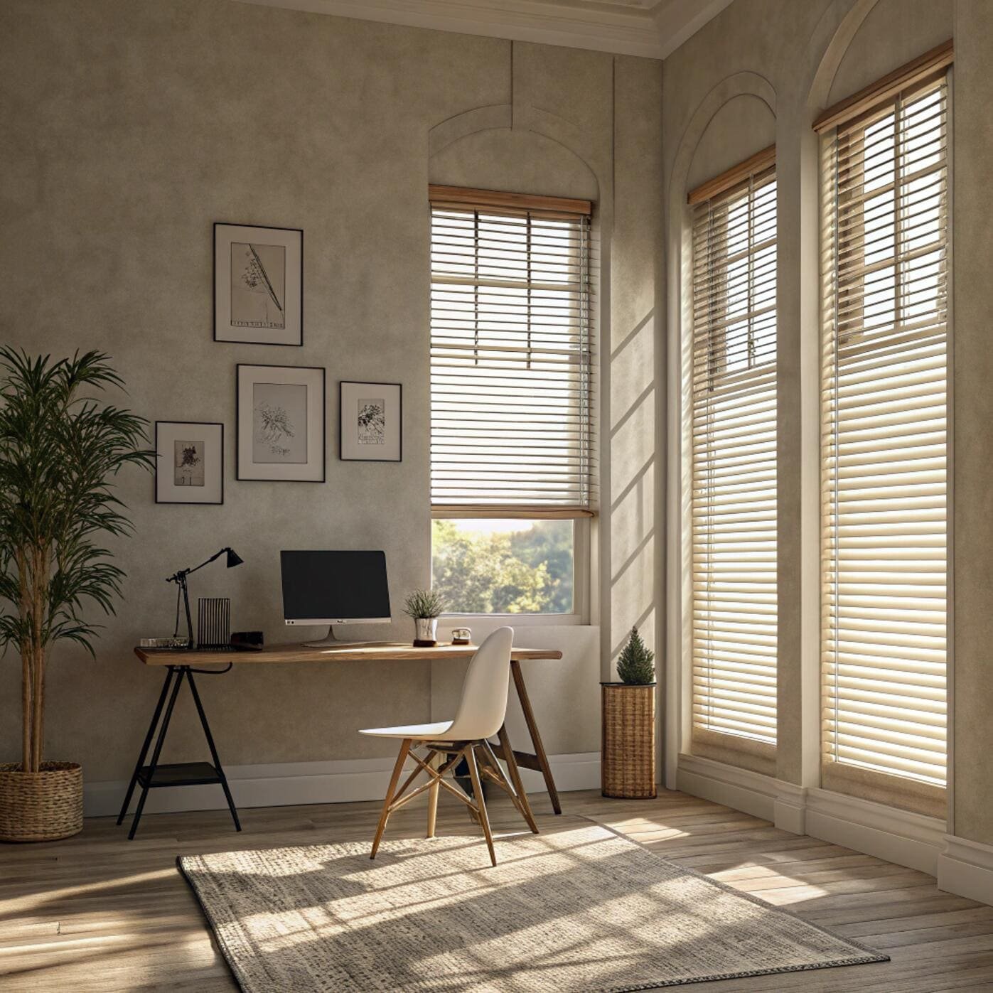 Minimalist home office with beige wood blinds and sunlight