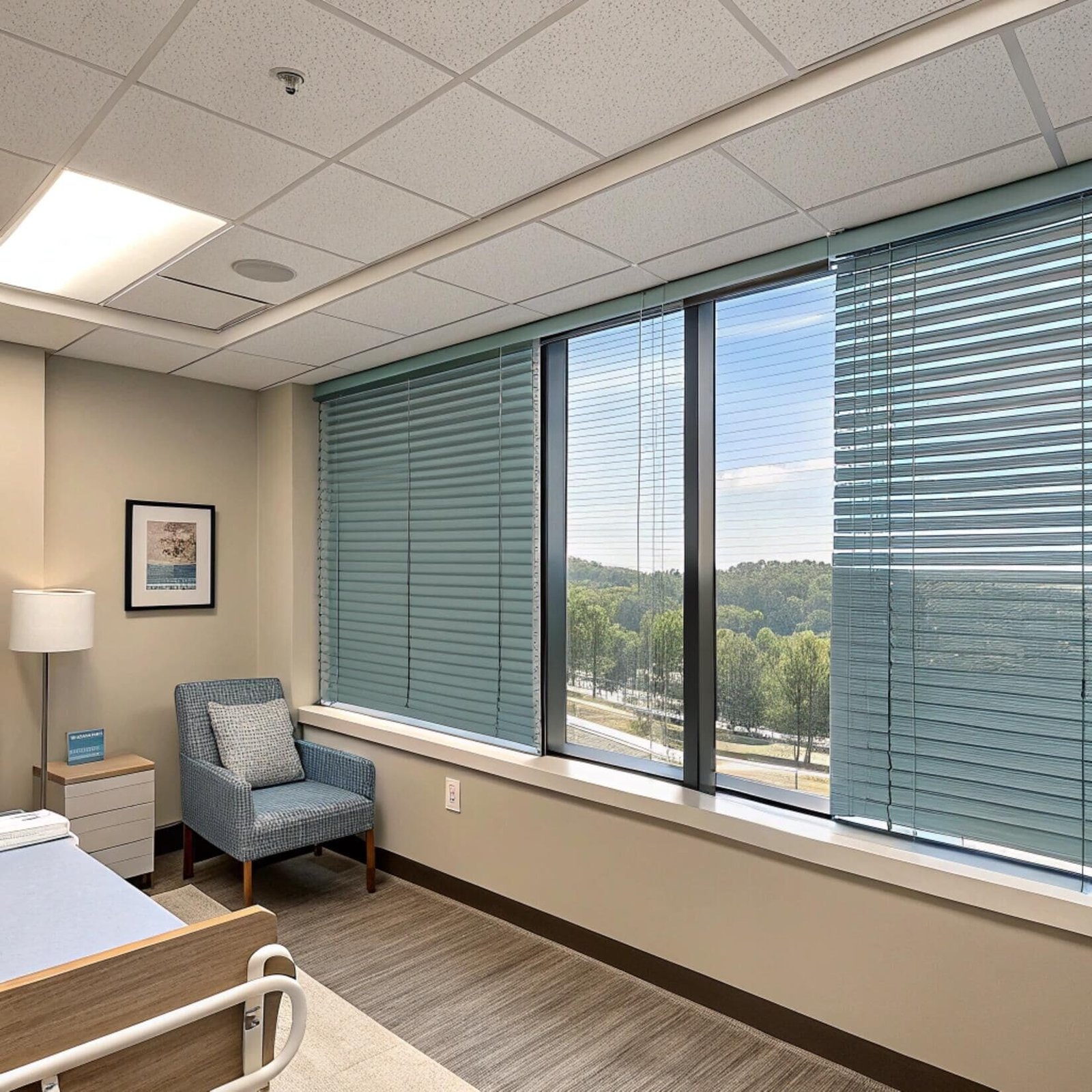 Patient suite with blue aluminum window blinds