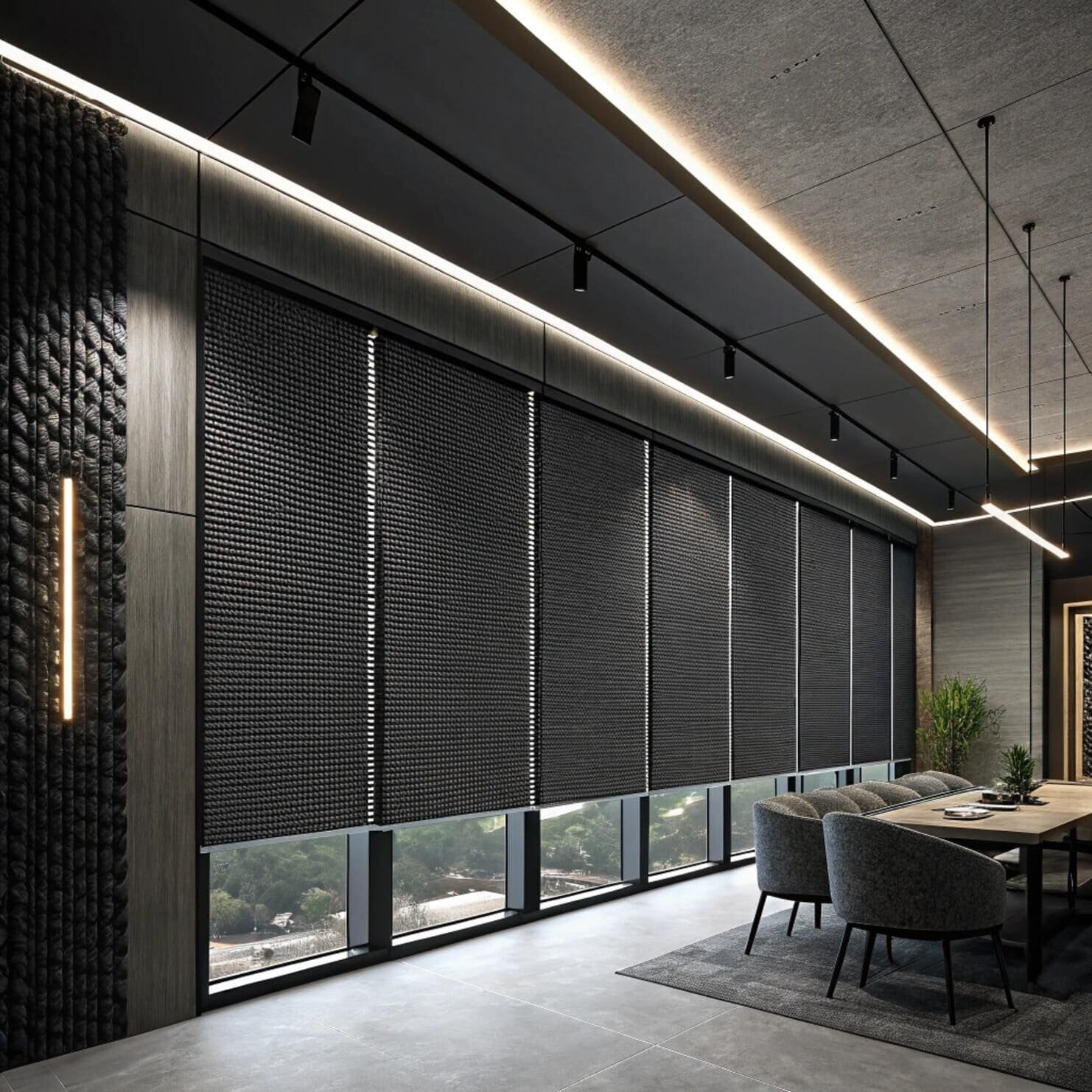 Conference room with black textured roller blinds