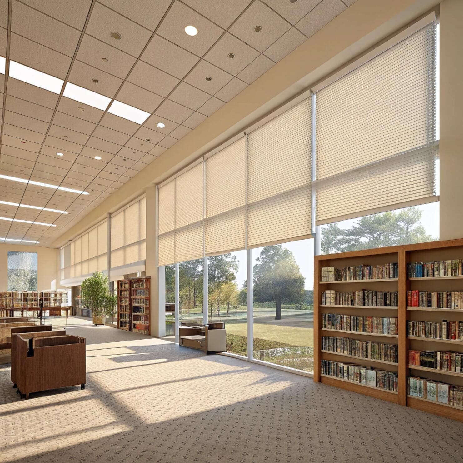Library with floor-to-ceiling pleated blinds installed