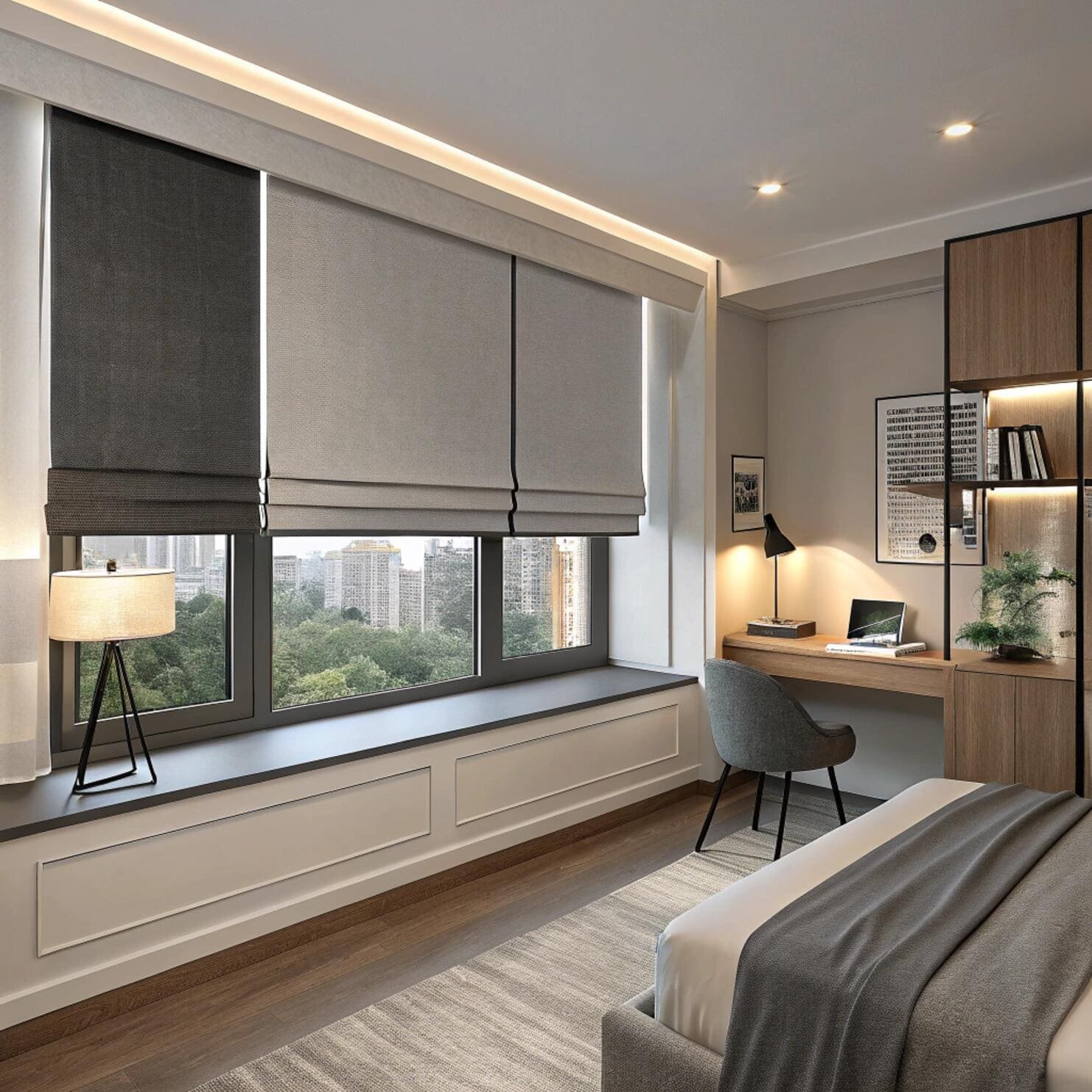 Minimalist home office bedroom with grey roman blinds