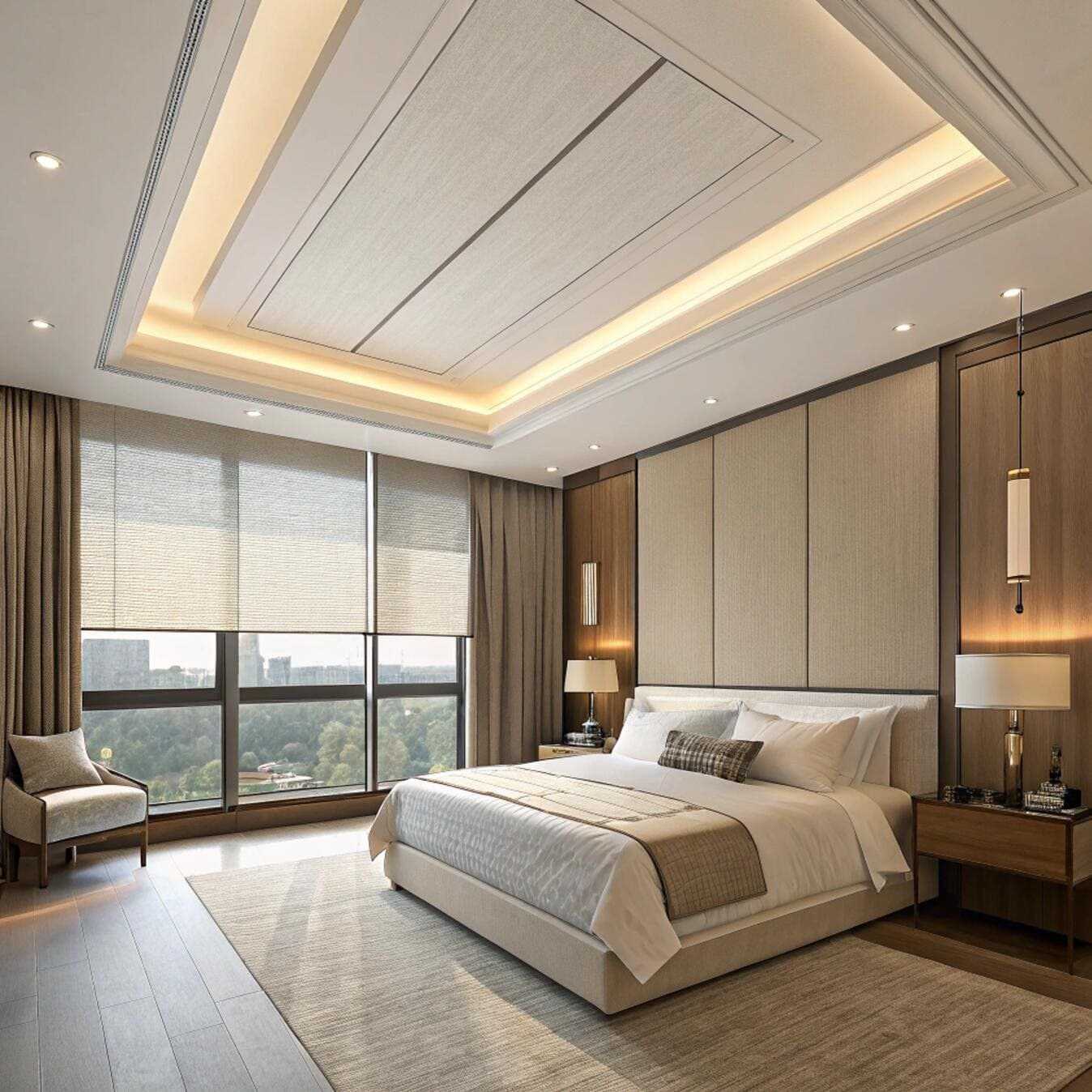 Contemporary master bedroom with elegant blinds