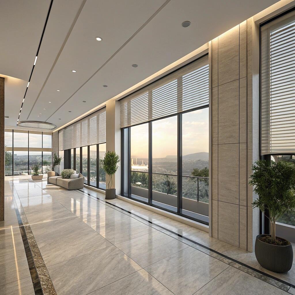 Modern lobby with large windows and roller blinds at sunset