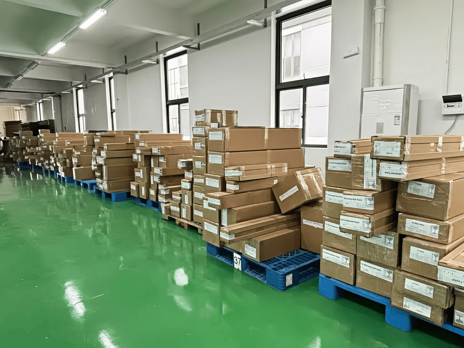 Warehouse with stacked boxes, organized inventory ready for distribution