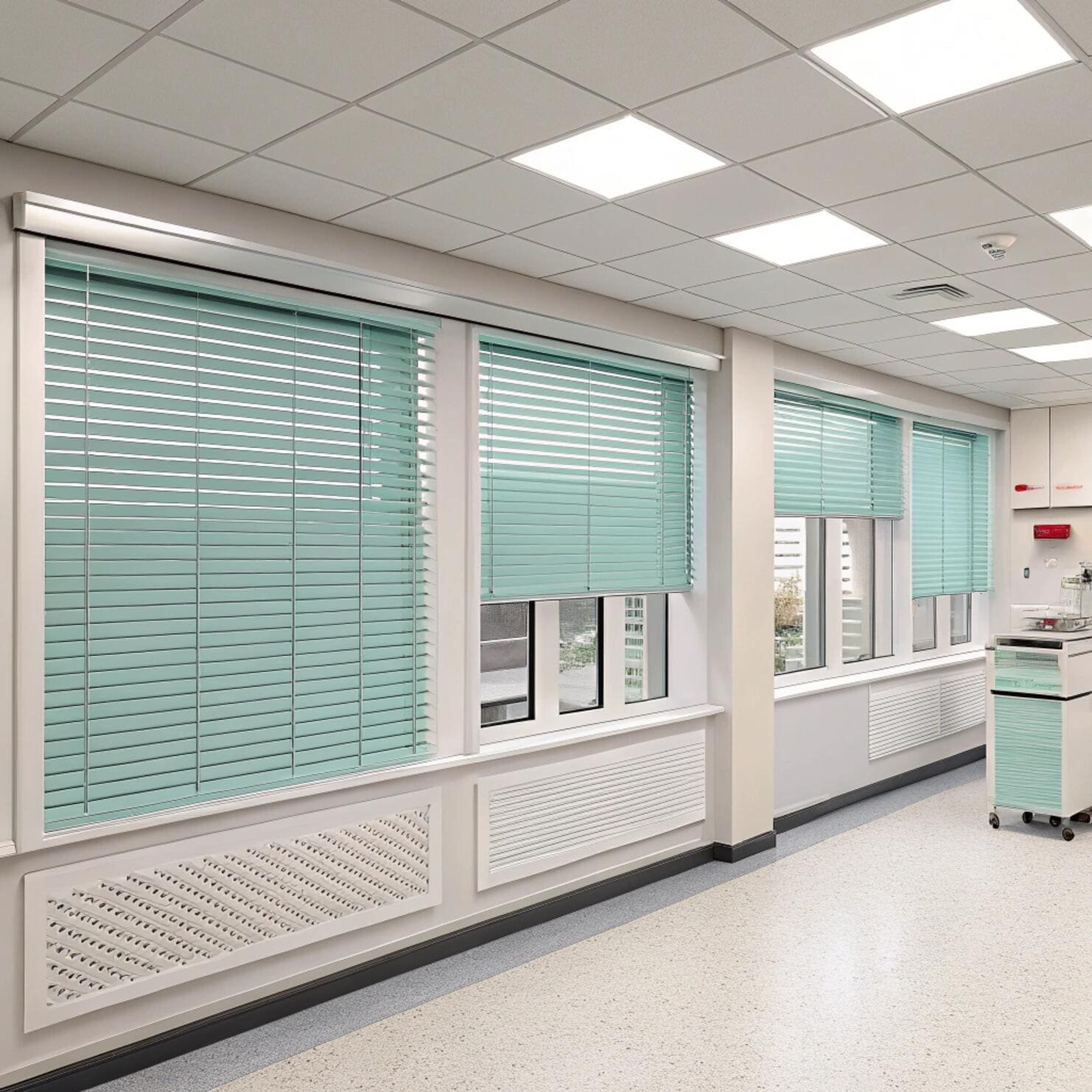 Hospital room with light teal aluminum blinds