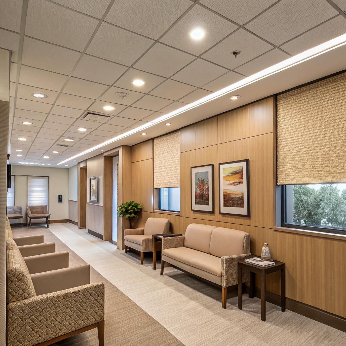 Medical waiting room with roller shades and soft seating