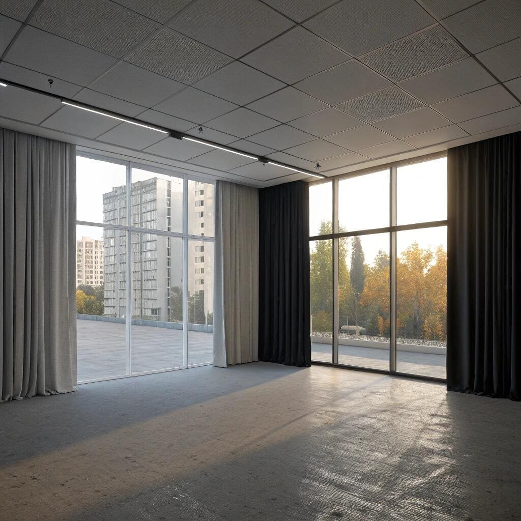 Empty event space with two-tone blackout curtains