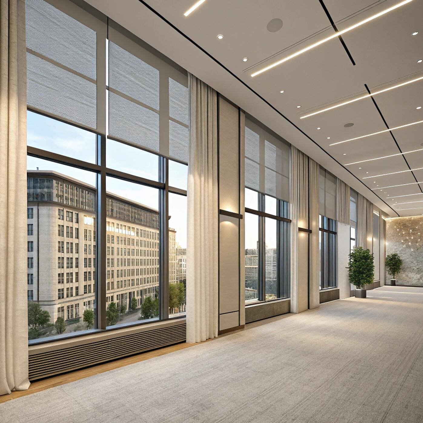 Event space with motorized sheer blinds and tall windows