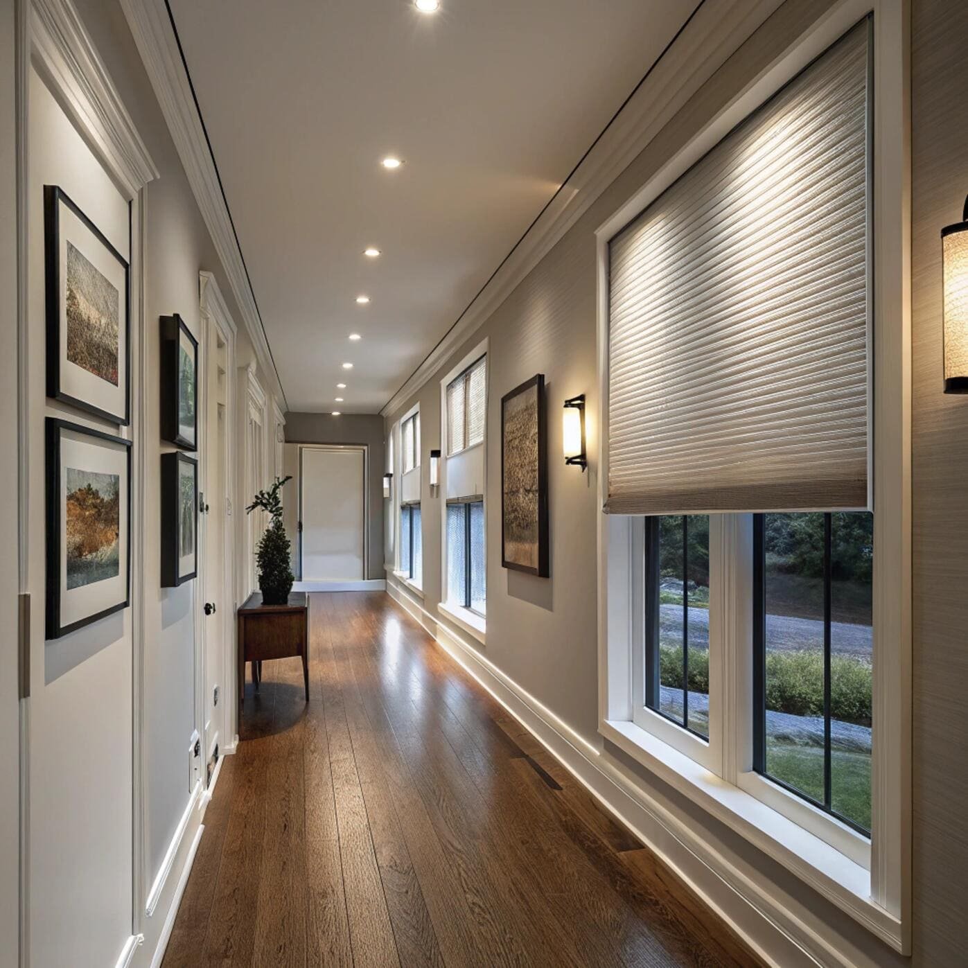 Spacious hallway with gray honeycomb blinds and hardwood floors