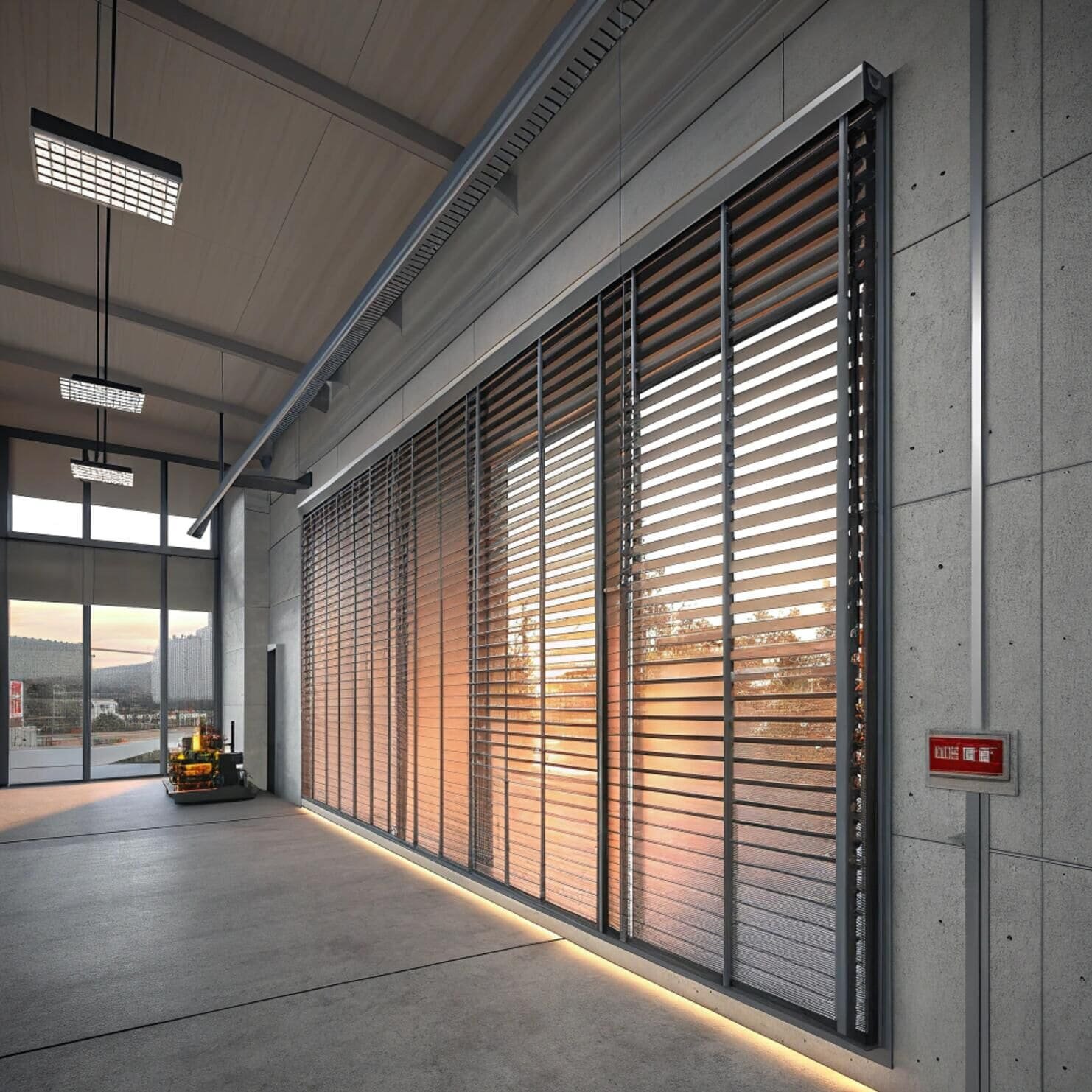 Warehouse space with bronze aluminum blinds