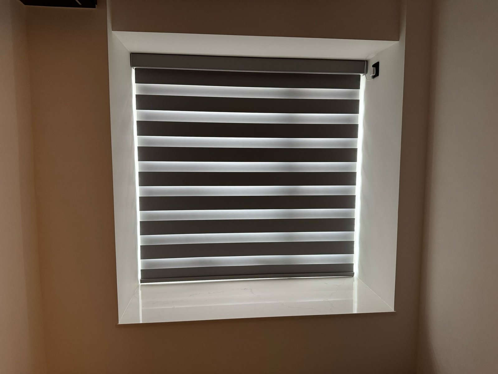 Single window with closed zebra blinds in modern room