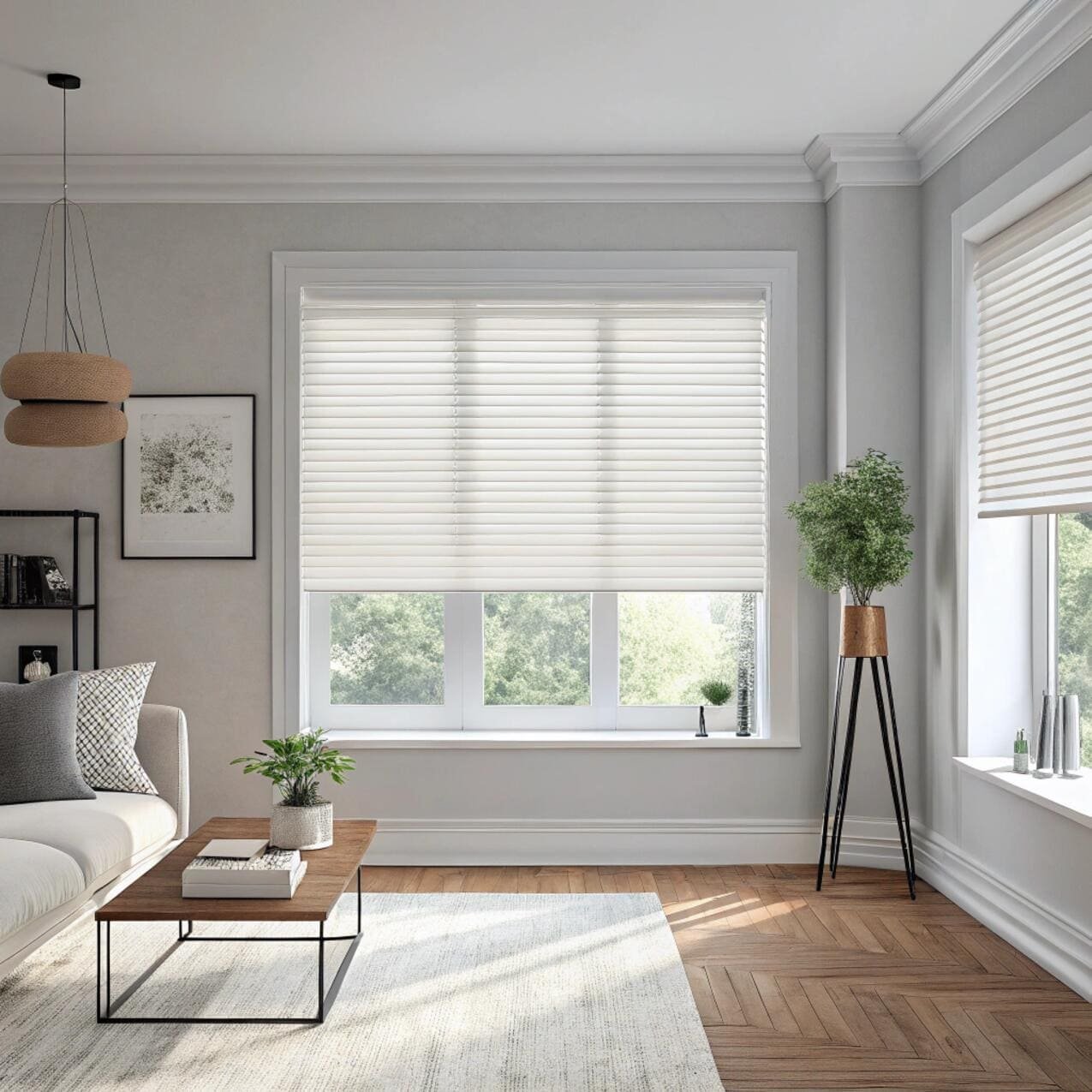 Minimalist living room with white venetian blinds and natural light