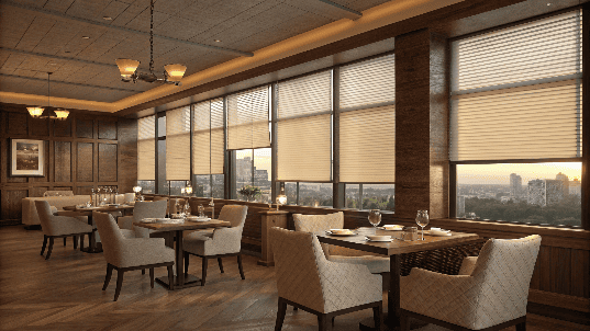 Sophisticated restaurant with pleated blinds at sunset