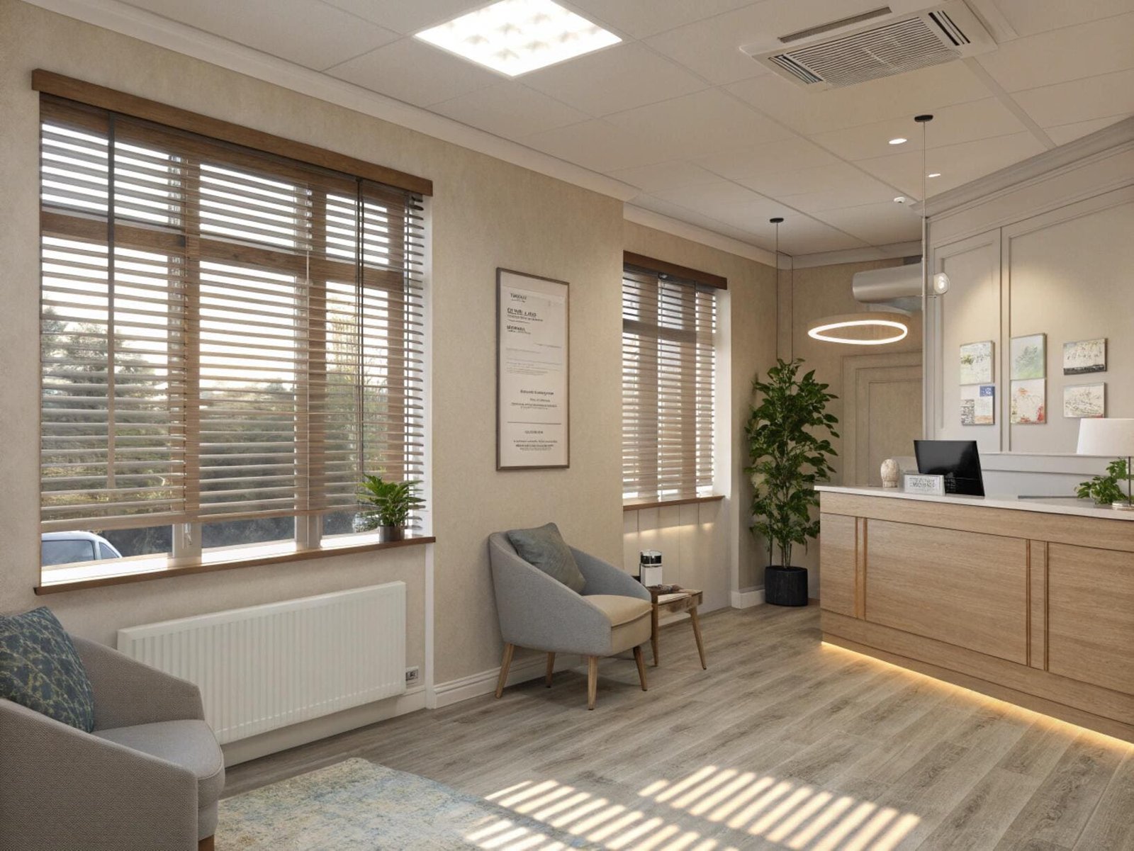 Reception area with warm wood-look horizontal blinds allowing light