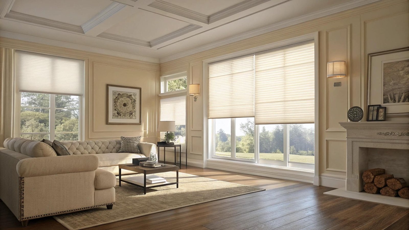 Spacious living room with light beige cellular shades on large windows