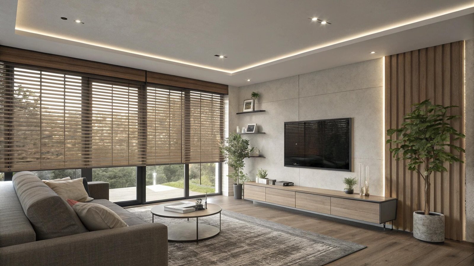 Modern living room with dark wood horizontal blinds for light control
