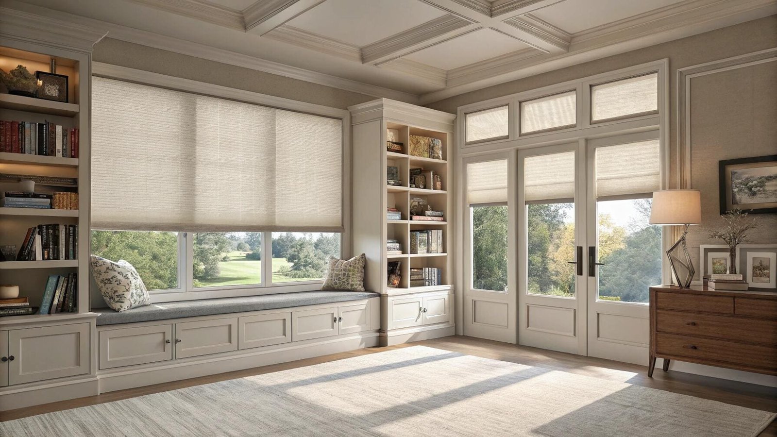 Elegant living room with light cellular shades and built-in window seat