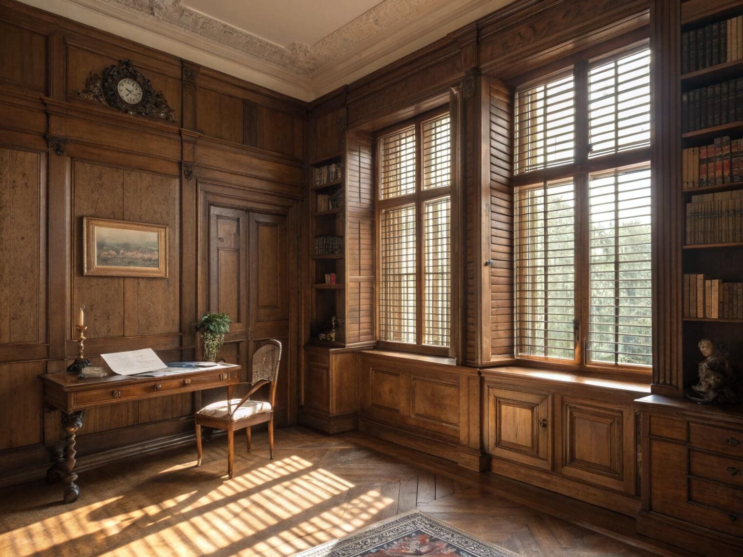 Classic wood-paneled study with horizontal blinds and sunlight patterns