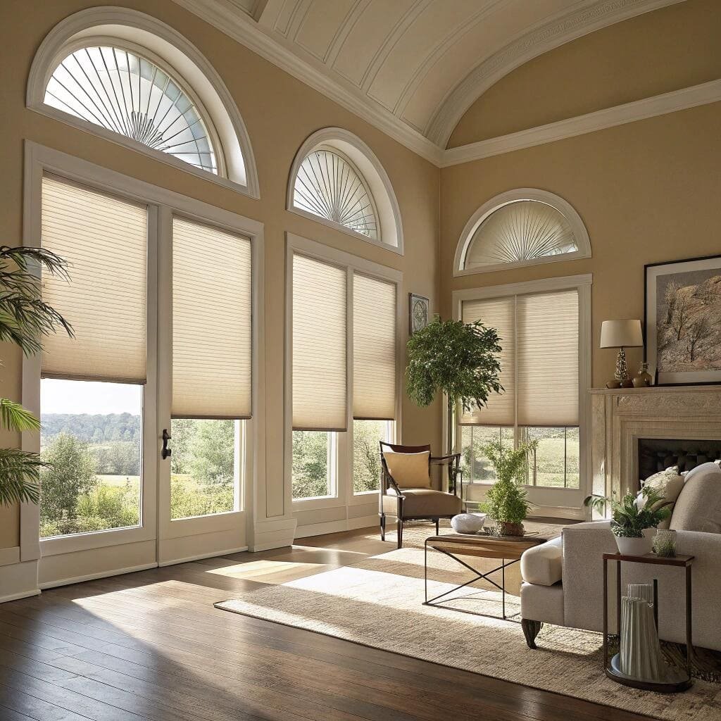 High ceiling living room with beige cellular blinds
